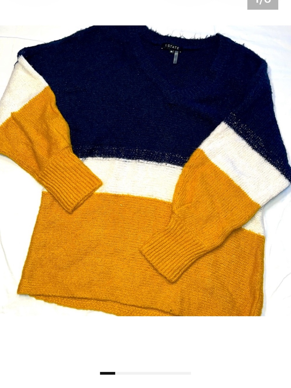 1. State Navy White Mustard Colorblock V-Neck Sweater